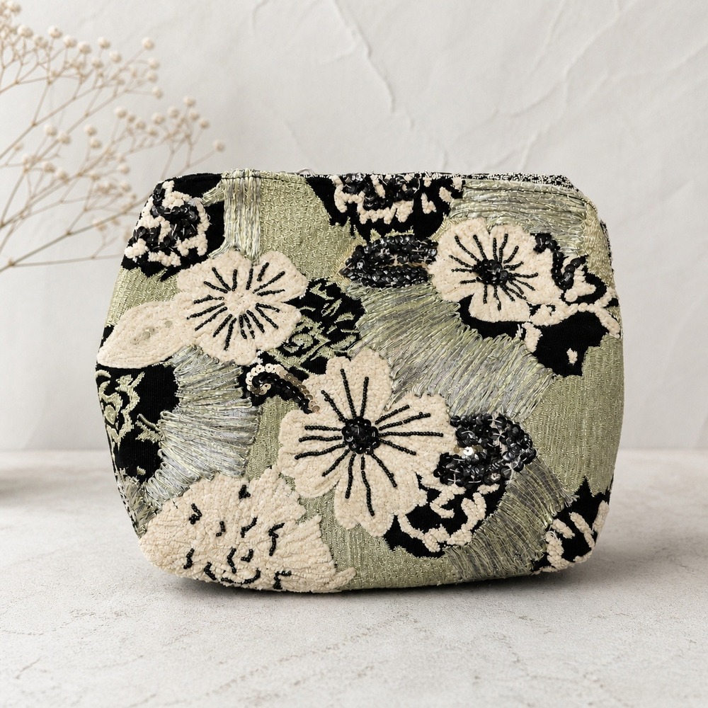Miss Albright Anthropologie Floral Embroidered Sequin Metallic Oversized Clutch